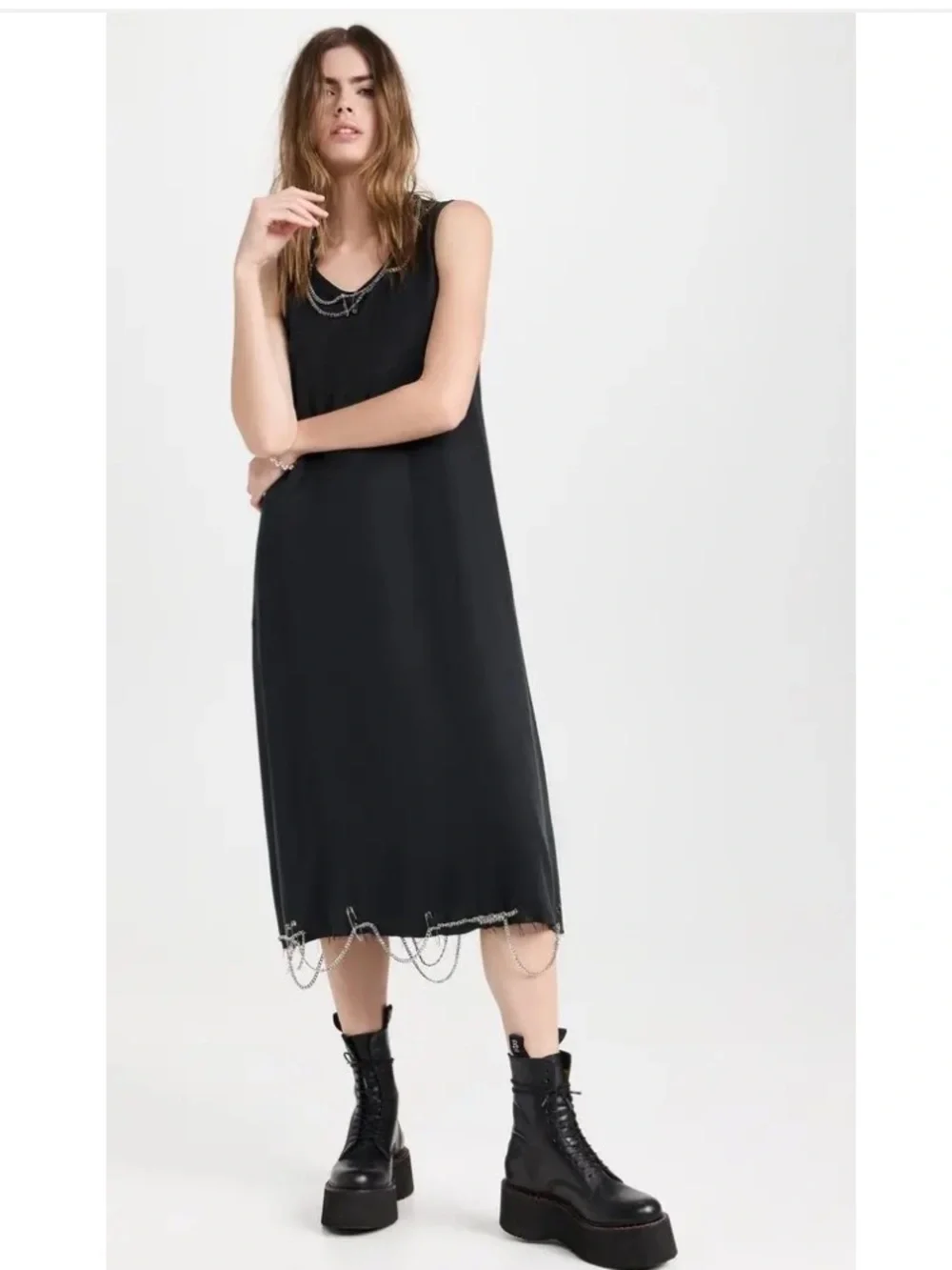 R13 Black Sleeveless Midi Dress with Chain at Neck & Hem